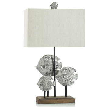 Silver Fish Table Lamp, Polyresin Brushed Body With Pedestal Base, Oatmeal Shade