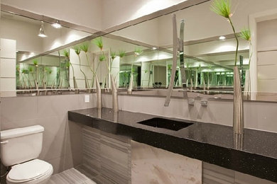 Minimalist bathroom photo in Las Vegas with gray cabinets and a two-piece toilet