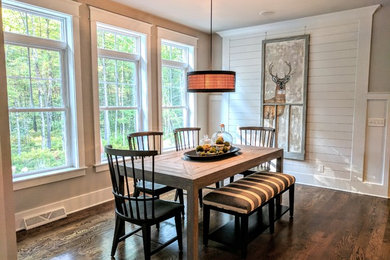 Mid-sized country kitchen/dining combo in Boston with grey walls, dark hardwood floors, brown floor and no fireplace.