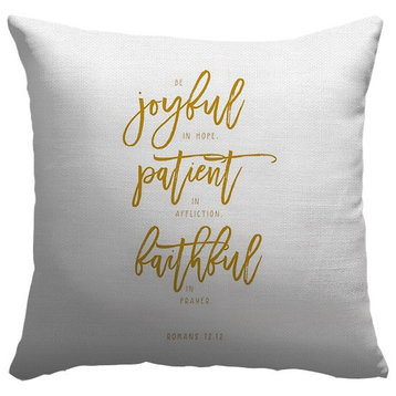 "Romans 12:12 - Scripture Art in Gold and White" Outdoor Pillow 20"x20"