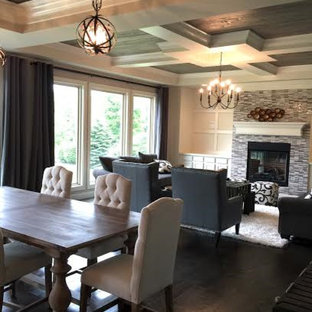 シンシナティの中サイズのトランジショナルスタイルのLDKの画像 (濃色無垢フローリング、標準型暖炉、金属の暖炉まわり、グレーの壁)