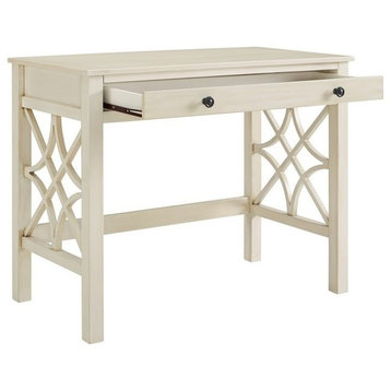 Linon Luster Wood Desk with Drawer and Decorative Side Panels in Antique White
