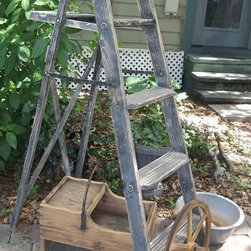 PMD Vintage wood ladder display, trug, metal pulley wheel - Magazine Racks
