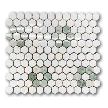 Rosette Hexagon Thassos White Ming Green Marble Mosaic Polished Tile, 1 sheet