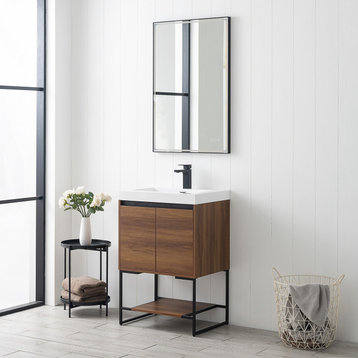 Freestanding Bathroom Vanity Set with Open Shelf & Acrylic Sink, Red Walnut, 24"