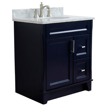 31" Single Sink Vanity, Blue Finish With White Carrara Marble With Oval Sink