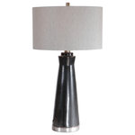 Uttermost - Arlan Table Lamp - Contemporary in style, this ceramic table lamp is finished in a glossy dark charcoal glaze, accented with brushed nickel plated details. The hardback drum shade is light beige linen fabric with gray striations.