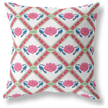 Lotus Peacock Rose Broadcloth Blown, Closed Pillow Pink Blue White