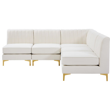 Alina Velvet Upholstered 5-Piece L-Shaped Modular Sectional, Cream