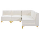 Meridian Furniture - Alina Velvet Modular L-Shaped Modular Sectional, Cream, 5-Piece: 4 Armless Chair, 1 Corner Chair - Bring modern beauty to your space with the addition of this Alina Velvet Modular sectional. This beautiful sectional features deep channel tufting to ramp up its visual interest and add to its resilient demeanor. Its soft cream velvet upholstery blends nicely with existing elements in your room and is sleek to the touch, making this seat a super comfortable one. Part of the modular Alina collection, this sectional has a latch that attaches it to other pieces to create your custom seating arrangement.