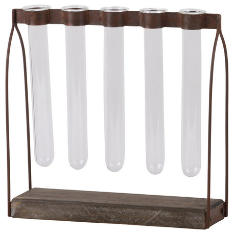 Metal Clustered Hanging Bud Vase Holder, 5 Glass Tube Vases On Wood Base, Brown