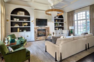 Living room - transitional open concept dark wood floor, brown floor, coffered ceiling and wood wall living room idea in New York with white walls, a standard fireplace, a wall-mounted tv and a stone fireplace