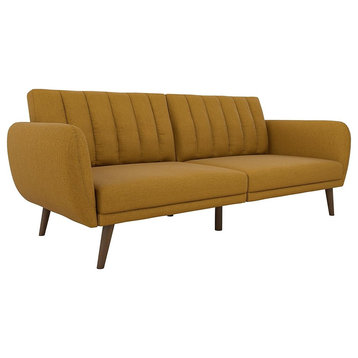 Modern Sofa Futon, Premium Linen Upholstery and Wooden Legs, Mustard