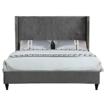 Valentina Upholstered Velvet Wingback Platform Bed, Gray, Queen