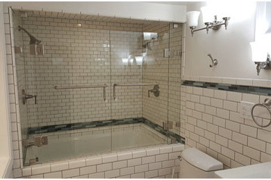 Example of a mid-sized classic white tile and porcelain tile porcelain tile bathroom design in Portland with a one-piece toilet, white walls and a pedestal sink