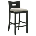Armen Living - Ren 26" Matte Black Wood Barstool, Fog Fabric, Set of 3 - Effortlessly blending clean design with everyday comfort, the Ren Barstool Collection brings simple sophistication to your dining or entertaining space. Designed with versatility in mind, these stools are available in both counter and bar heights and feature a sleek rectangular cushion upholstered in rich ivory or soft fog fabric. The refined upholstery pairs beautifully with wood finishes like warm Amber Glow or modern Matte Black, creating a look that's both timeless and on trend.