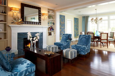 Inspiration for a mid-sized transitional formal and open concept dark wood floor living room remodel in New York with beige walls, no tv, a standard fireplace and a tile fireplace