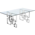 Meridian Furniture USA - Alexis Dining Table, Chrome - Enjoy a contemporary look in your dining room with this stylishly elegant Alexis chrome dining table. This Meridian Furniture table is made from glass and metal for a sleek, modish look. The base features a geometric design with intertwined squares that form two pedestals. The top is crafted from thick, clear glass that allows the beauty of the base to shine through completely. A chromed finish shores up the design, adding to its up-to-the-minute feel.