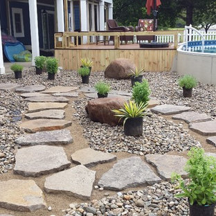 Bild på en mellanstor amerikansk ovanmarkspool på baksidan av huset, med grus