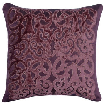 Decorative 26"x26" Applique Purple Silk & Velvet Pillows For Couch - Damask Muse