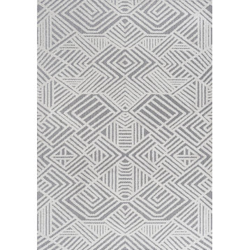 High-Low Pile Art Deco Geometric Indoor/Outdoor White/Black 8ftx10ft Area Rug