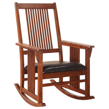 Traditional Style Wooden Rocking Chair With Slat Back, Brown