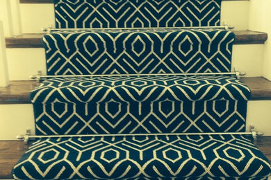 Navy and white patterned stair runner with bars