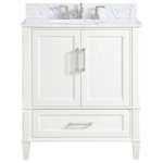 Bemma - Montauk 30" Bathroom Vanity, Pure White With Carrara Marble, 30" - Montauk's solid wood chamfered legs and framed door fronts showcase an understated silhouette. Its driftwood inspired aged light oak finish is reminiscent of a rustic beach house while the Sherwin Williams Morning Fog Grey and Pure White painted finishes offer a more traditional look. Premium soft-close glides/hinges deliver effortless motion while dovetailed joints provide seamless joinery.  Detailed with brushed nickel accents and unassuming classic lines, the Montauk Bathroom Vanity is a sophisticated yet casual piece. (Faucet not included)