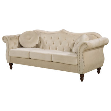 Classic Sofa, Velvet Seat With Button Tufted Back & Nailhead Trim Accent, Ivory