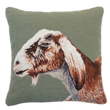 Pillow Throw Nubian Goat 18x18 Olive Green Needlepoint Canvas Poly