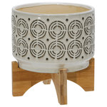 Sagebrook Home - Ceramic 5" Swirl Planter On Stand, Ivory - This hand painted planter gives a bold tribal feel. Finished both inside and out it looks great with or without a plant. Works well with a strong color pallet.