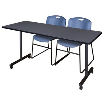 72" x 24" Kobe Mobile Training Table- Grey & 2 Zeng Stack Chairs- Blue