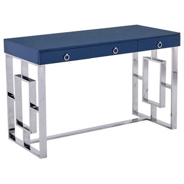 Brooks 3 Drawer Wood and Stainless Steel Frame Writing Desk - Blue/Silver