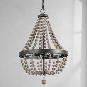 Farmhouse 4-Light Bead Chandelier Lighting, Real Wood Beads