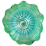 Dale Tiffany - Waterfront Hand Blown Art Glass Wall Decor, 20"D - Our Waterfront Series features Favrile Art Glass plates with delightfully scalloped edges. This 20" lovely plate has a sea of green swirls that begin at the center and swirls outward to the plate's rim. A series of U-shaped lines of the same sea green bisect the swirls for an outstanding visual effect that will add a spectacular splash of color to any room of your home. Each includes a hanging bracket for wall use. You can also use it as a plate for a decorative centerpiece on a dining or occasional table.
