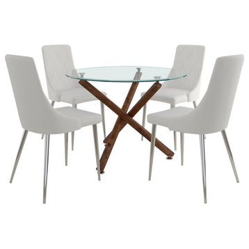 5-Piece Dining Set, Walnut Table With White Chair