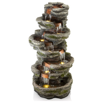 58" Tall Outdoor 8-Tier Rainforest Rock Water Fountain With LED Lights