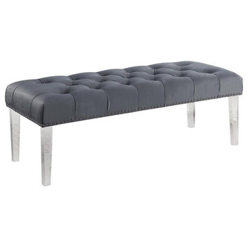 Best Master Suede Fabric Upholstered Tufted Bench in Gray/Acrylic Legs