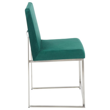 High Back Fuji Dining Chair, Set of 2, Brushed Stainless Steel, Green Velvet