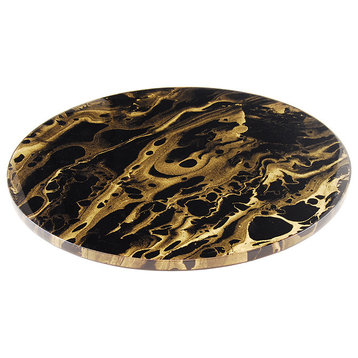 Black and Gold Marble Lacquer Lazy Susan, 20"