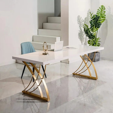 47" White Rectangular Home Office Desk Pine Wood Table Top Gold Frame