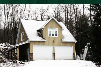Example of a huge minimalist beige one-story wood gable roof design in Toronto
