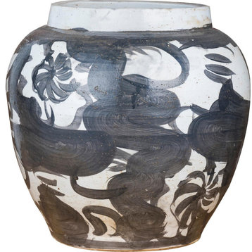 Jar Vase Twisted Flower Wide Open Top Black Porcelain Handmade Ha