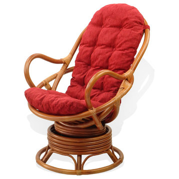 Java Lounge Swivel Rocking Rattan Wicker Chair Colonial, Burgundy Cushion