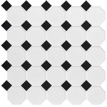 Retro Bianco Octagon Glossy White And Black Porcelain Mosaic Tile, Sample