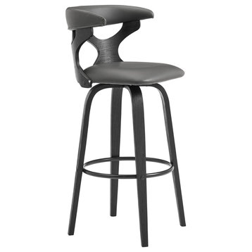 Zenia Swivel Bar Stool, Faux Leather and Wood, Gray and Black, 30"