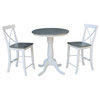 30" Round Solid Wood Gray  Table With 2 X-Back Counter Stools
