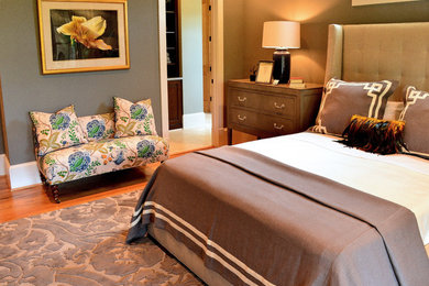 Bedroom - large transitional master medium tone wood floor bedroom idea in Other with gray walls