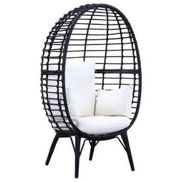 Benzara BM276212 32" Patio Lounge Chair, Oval Shape, Resin Rattan Wicker, Black