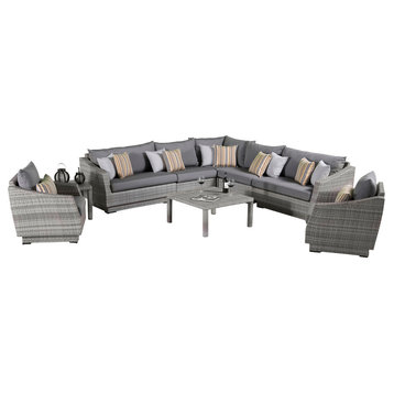 Cannes 9 Piece Sunbrella Outdoor Corner Sectional and Club Chair Seating Set, Charcoal Gray